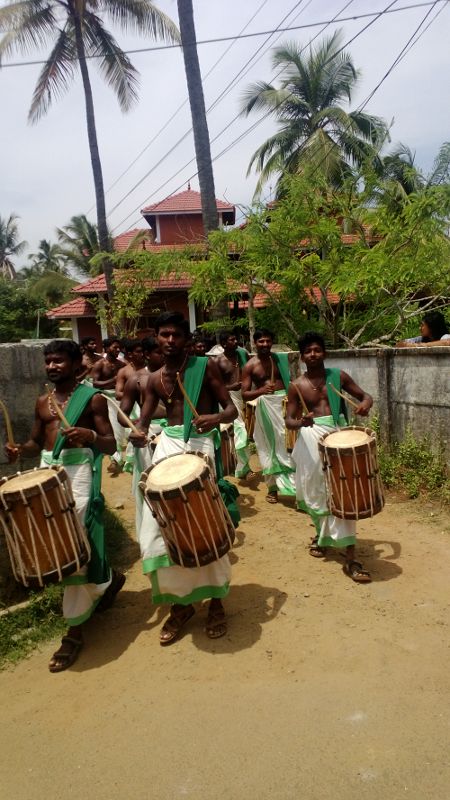 Village performers getting ready to drum their way to the Shiva temple 