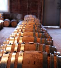 Oak barrels containing  distilled whisky